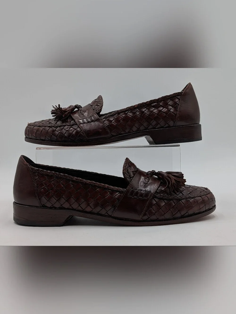 Bragano Size 10M Men's Oxblood-Brown Woven Leather Tassel Loafers Made in Italy